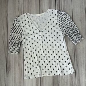 Lucky Brand Floral Pointelle Knit Puff Sleeve Henley Top M Ivory Black